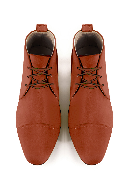 Terracotta orange women's ankle boots with laces at the front. Round toe. Low flare heels. Top view - Florence KOOIJMAN